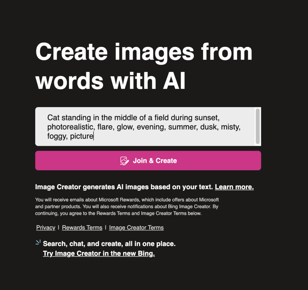 An AI input to Bing Creator