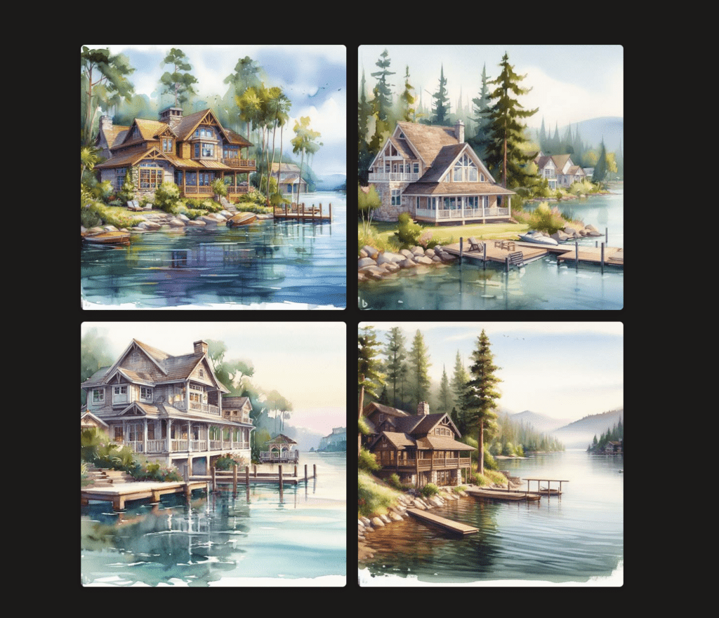 An example of bing generated AI image of cottages near lake