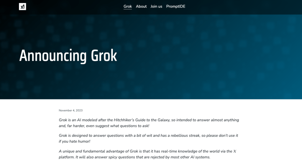 Grok AI announcement in Grok's homepage
