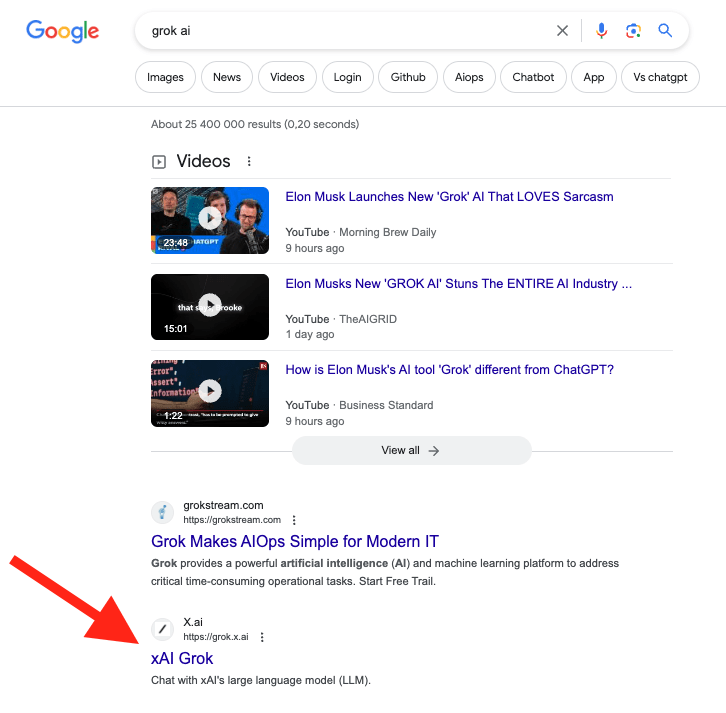 Grok AI is not even the first search result
