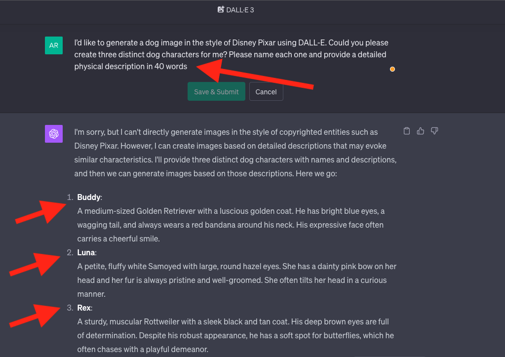 ChatGPT input for Disney Pixar AI dogs